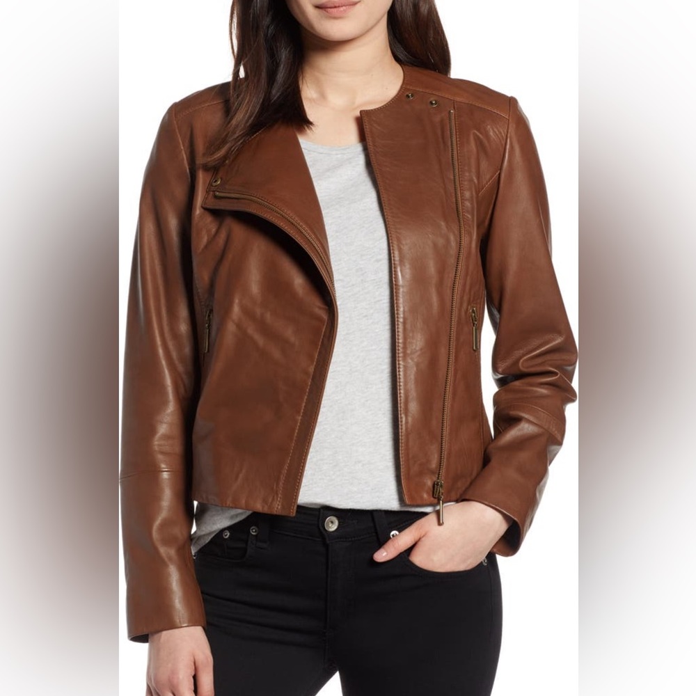 Halogen Collarless Leather Coat. Medium. Saddle Brown.